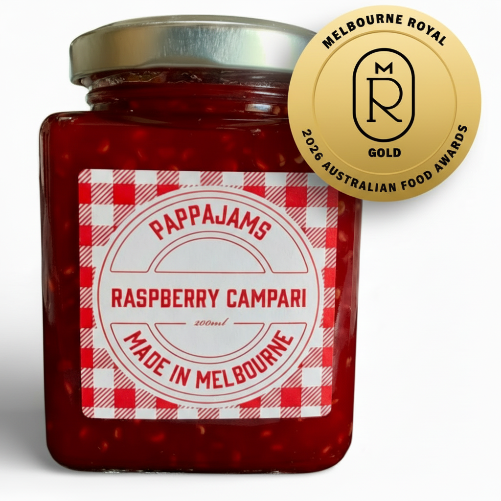 Raspberry Campari with larger Gold medal overlapping jar